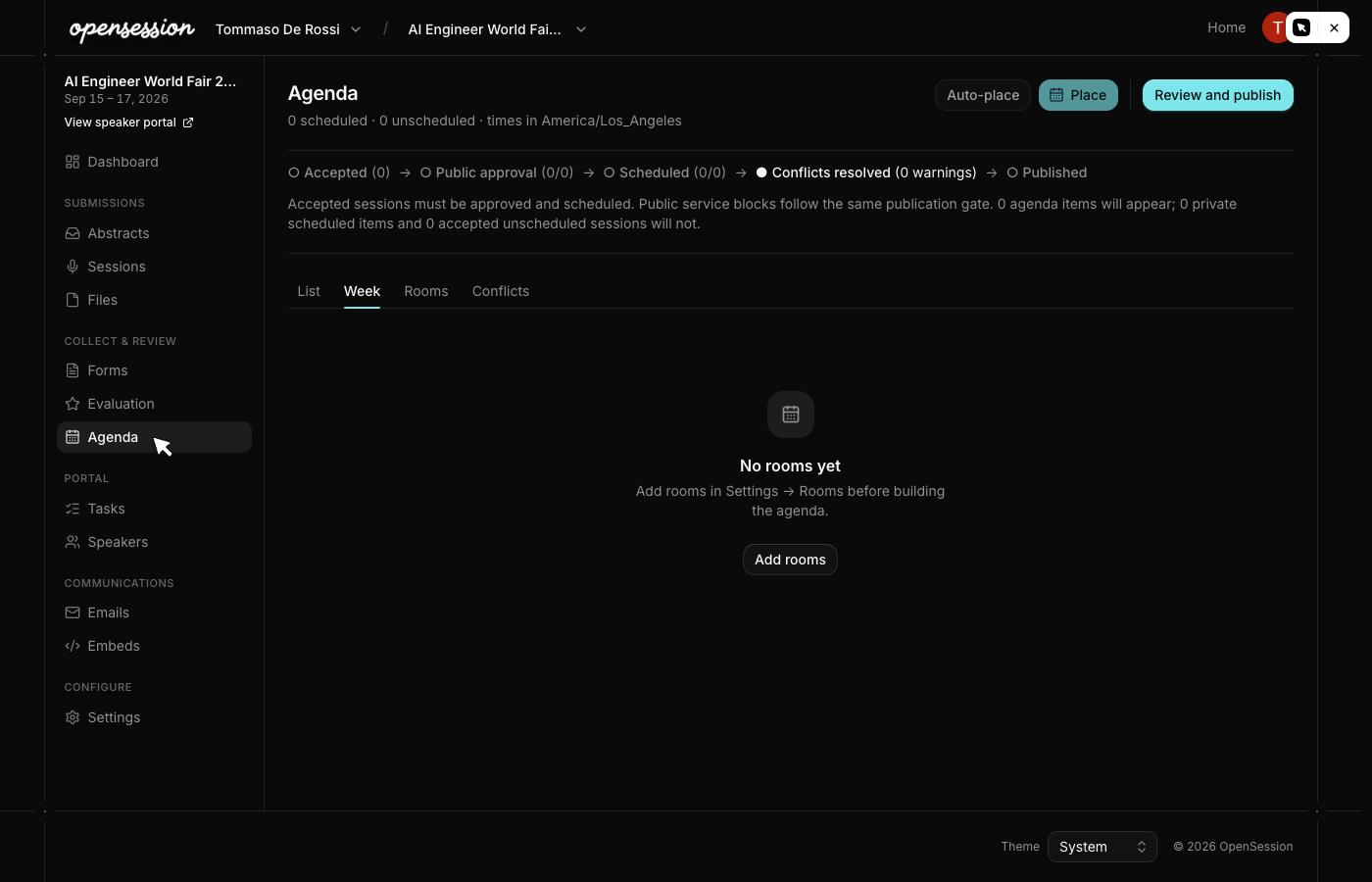 Agenda builder with room columns and time slots