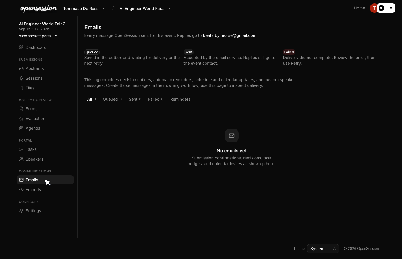 Email outbox showing sent and queued messages